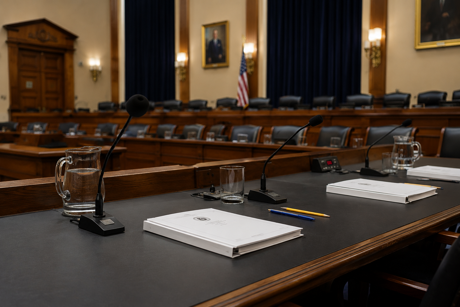 A congressional hearing room with microphones and documents arranged on a witness table.