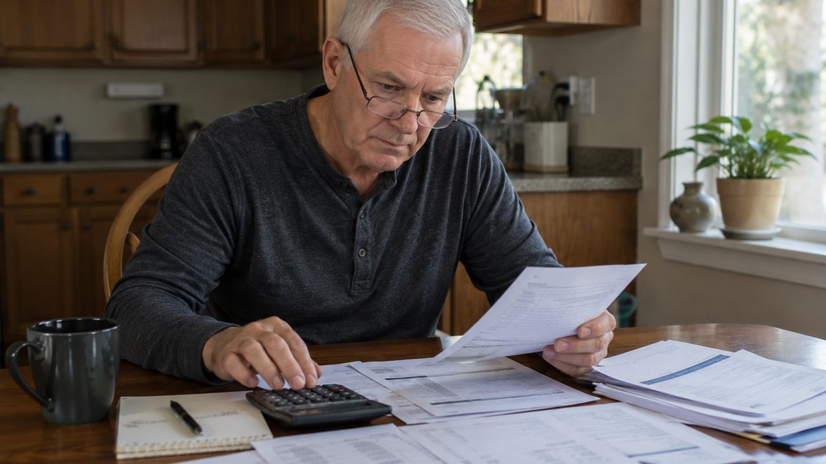 A near-retirement worker reviewing retirement and Social Security documents at a kitchen table.