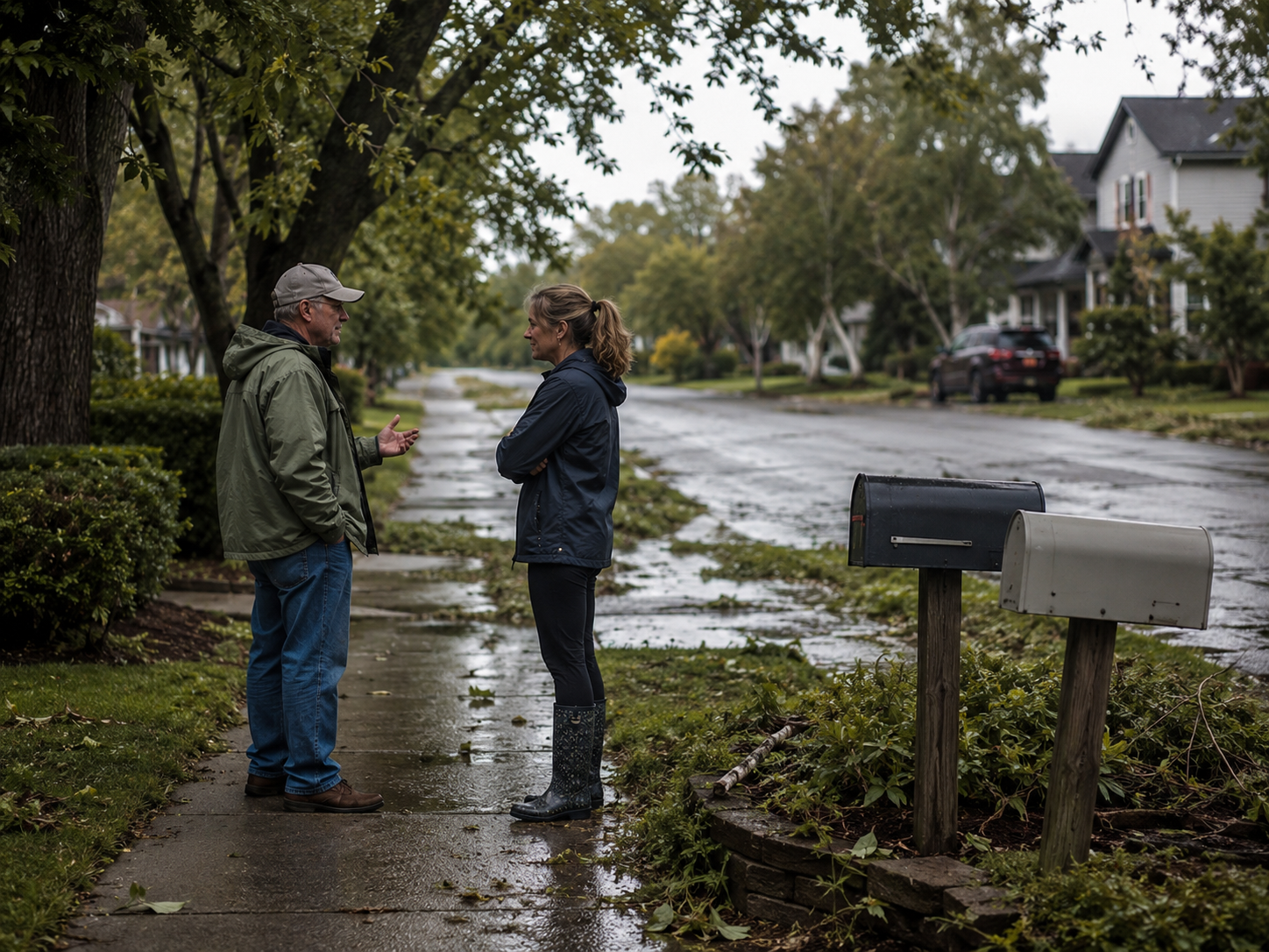 Two neighbors speak near mailboxes on a quiet neighborhood sidewalk.