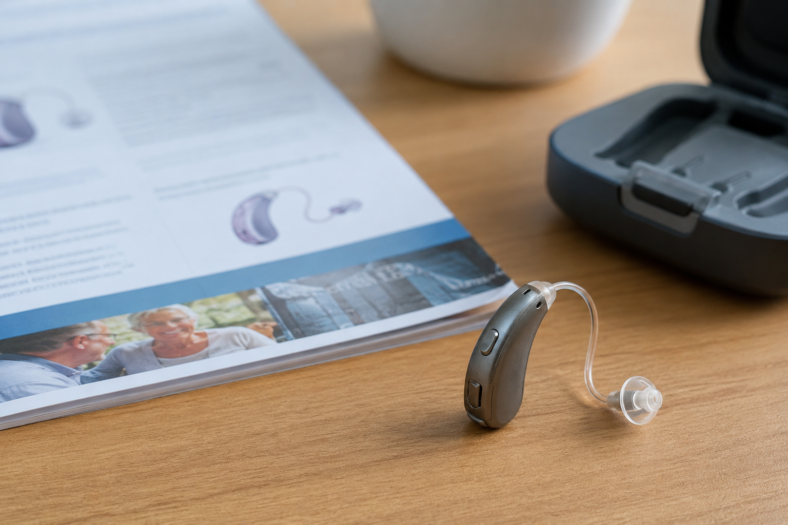 A small hearing aid device sits beside product information on a table.