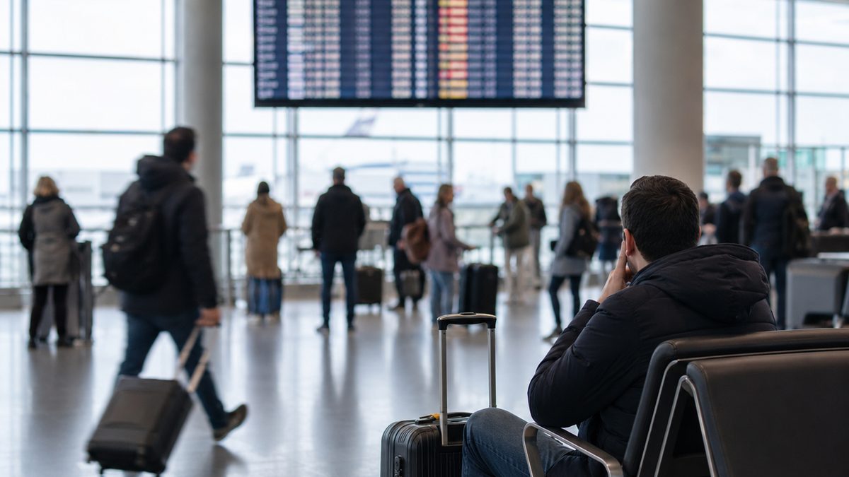 Travelers waiting with carry-on bags near an airport gate.