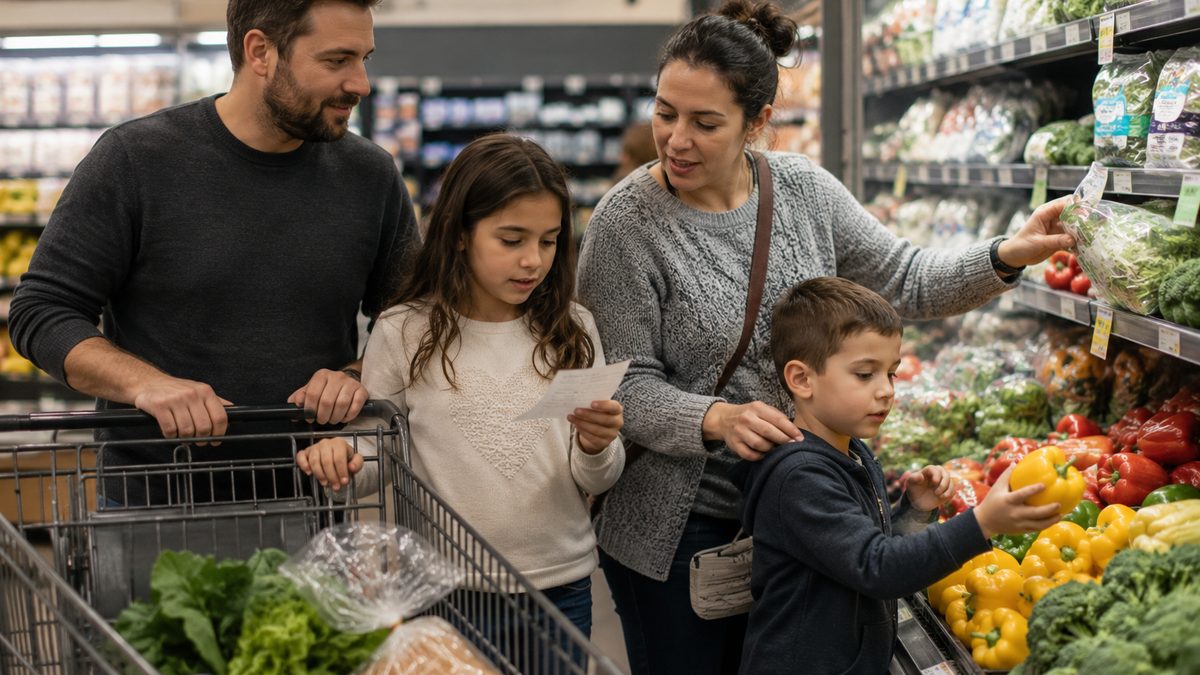 A shopper reviews a grocery receipt beside basic grocery items on a kitchen table.
