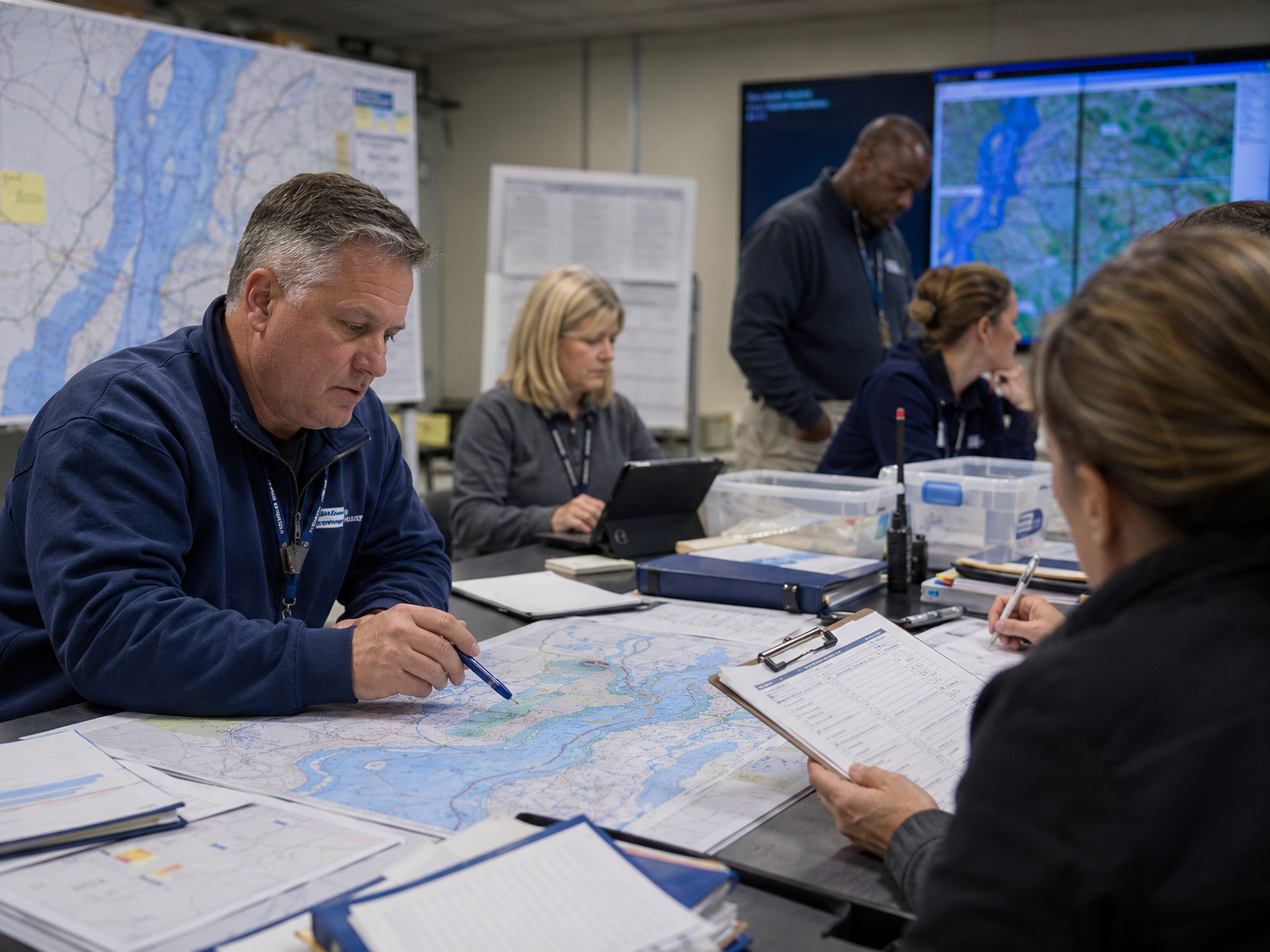 Emergency managers review maps and supply checklists in an operations room.