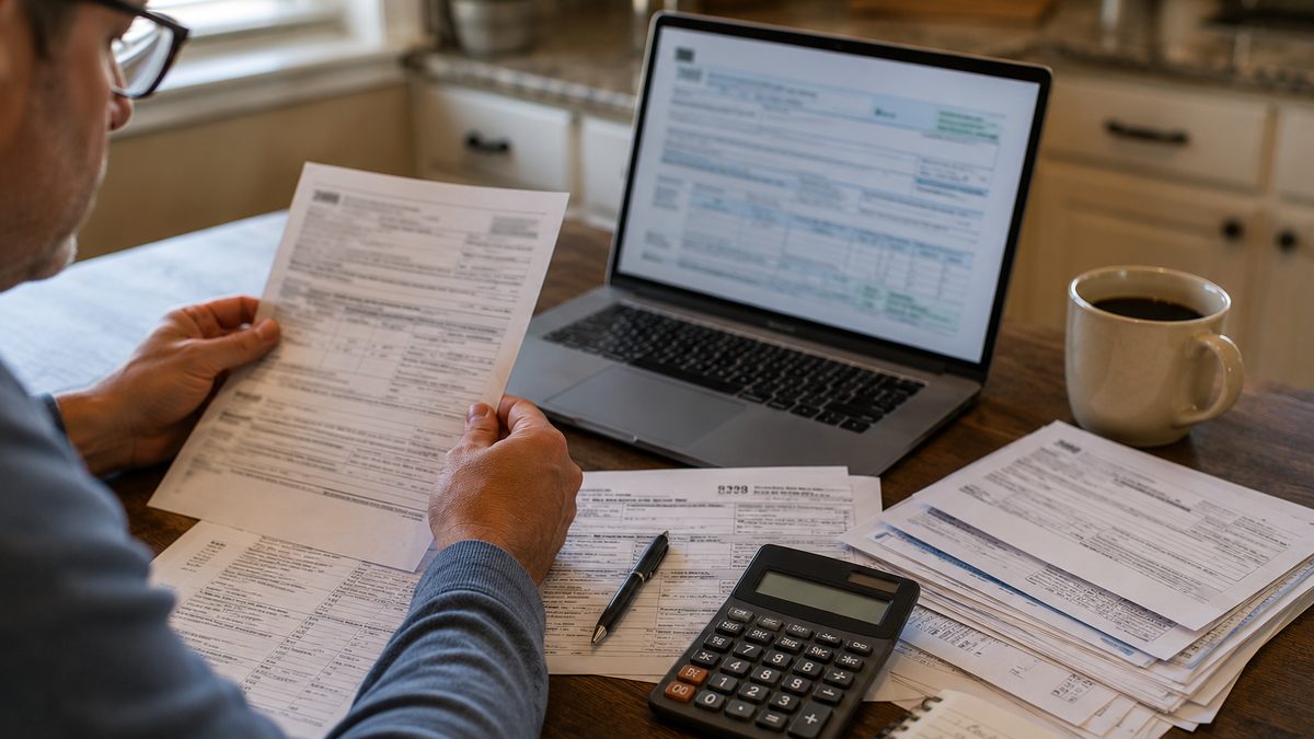 A taxpayer reviews tax documents beside a laptop and calculator.