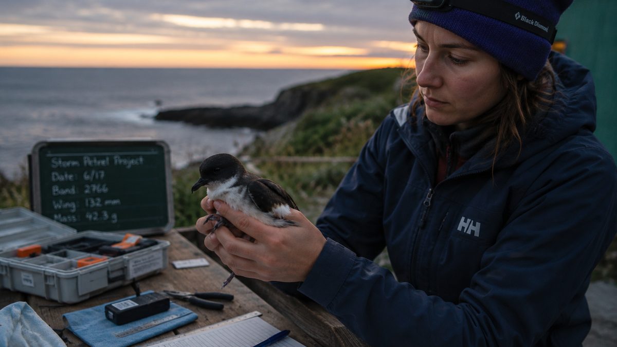 A researcher handles a small seabird near a coastal field station.