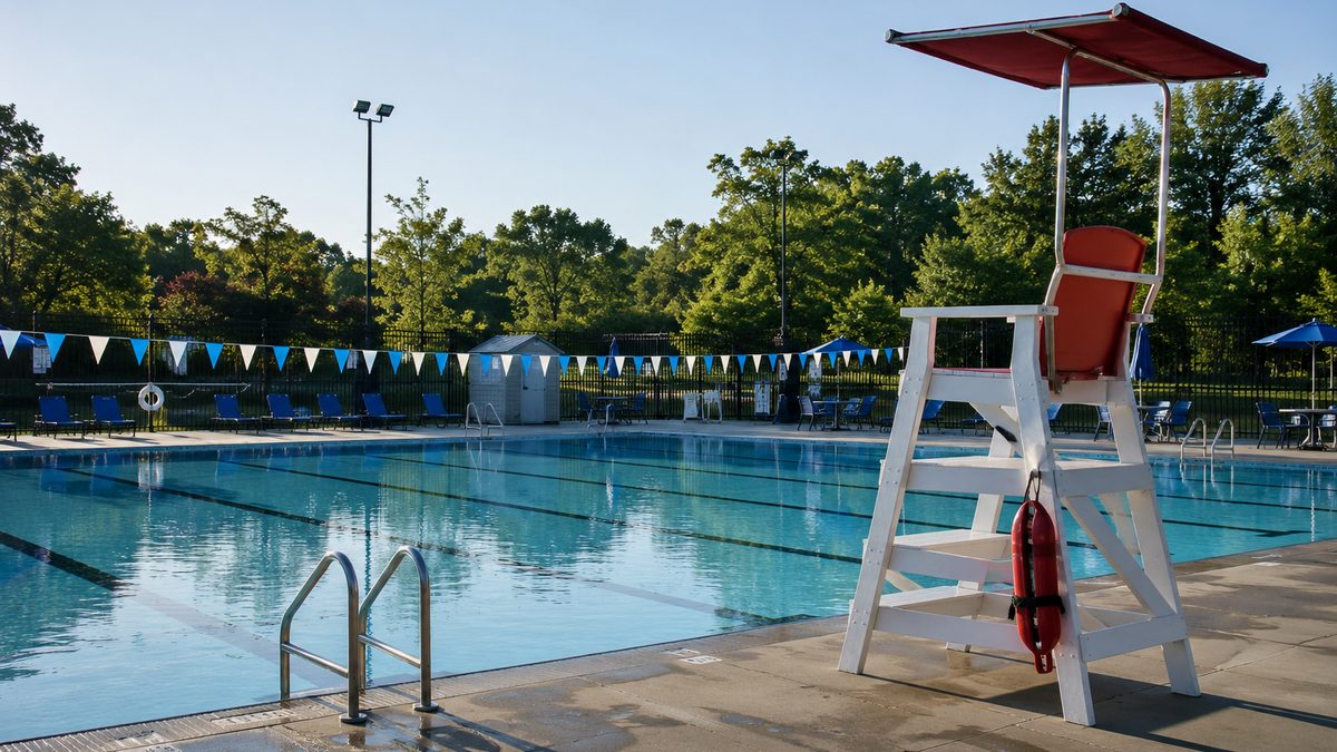 An empty lifeguard chair stands beside a quiet public pool.