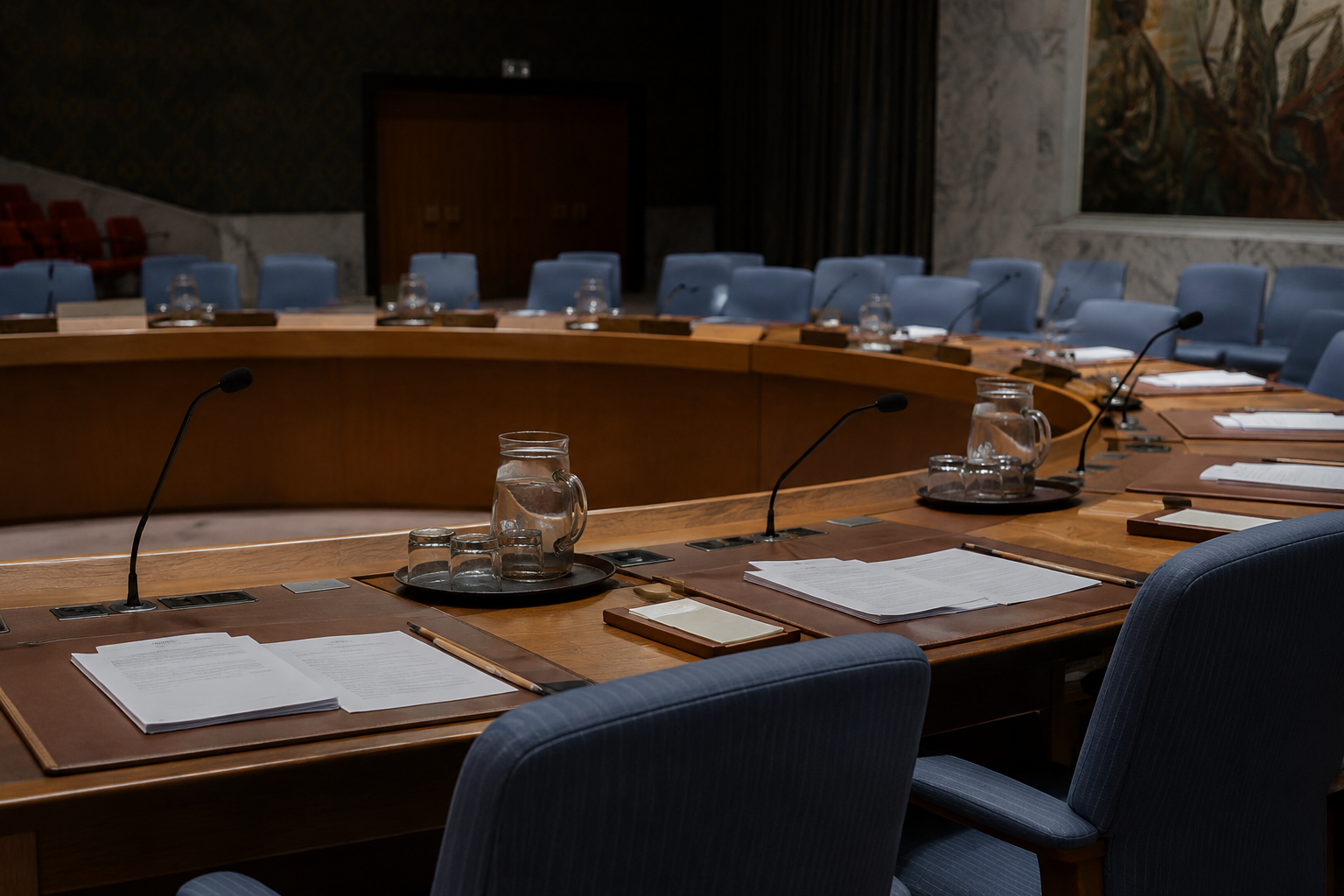 An empty international meeting room with documents arranged on a conference table.