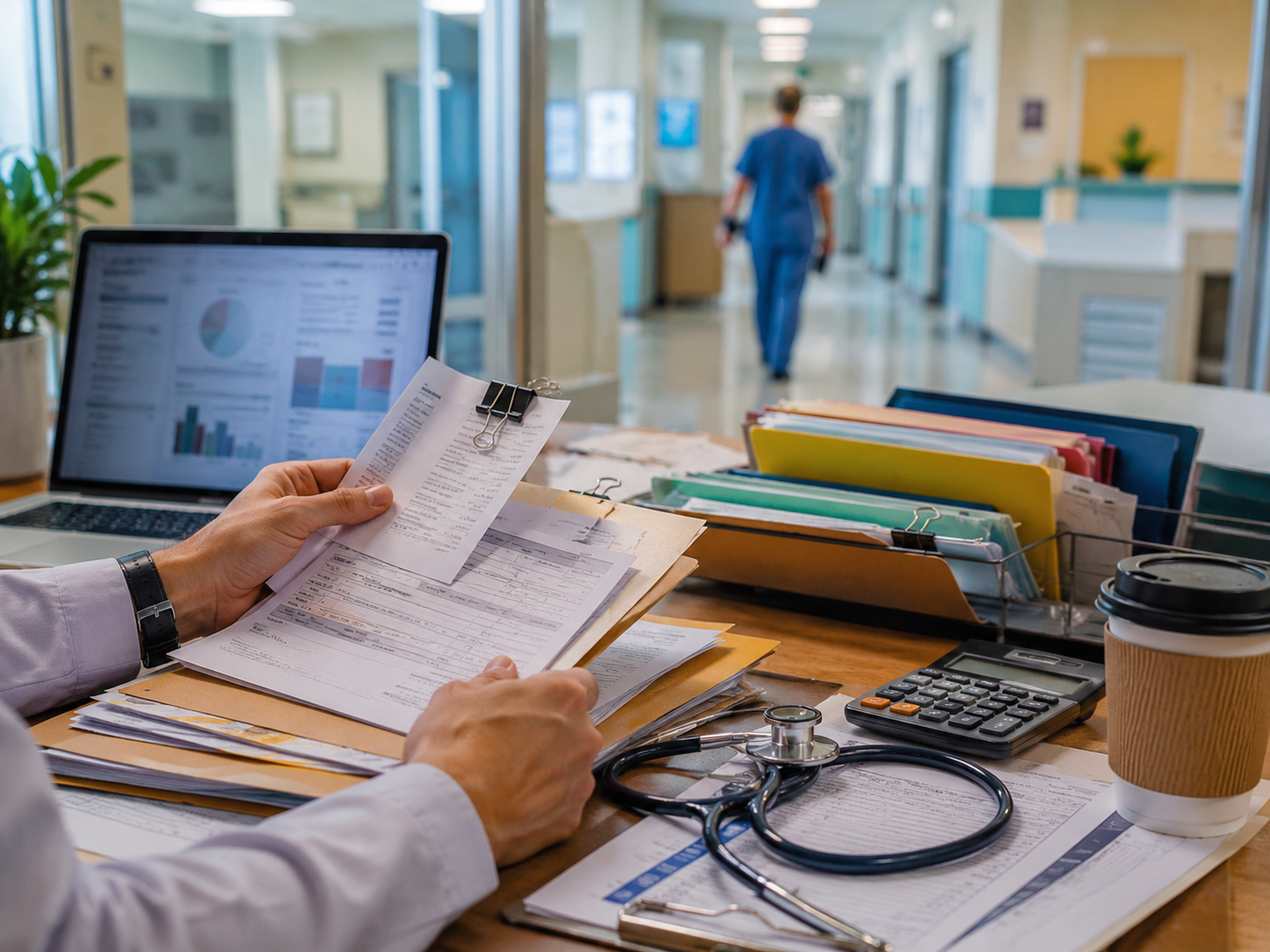A courthouse and medical billing documents represent a federal health-care fraud case.