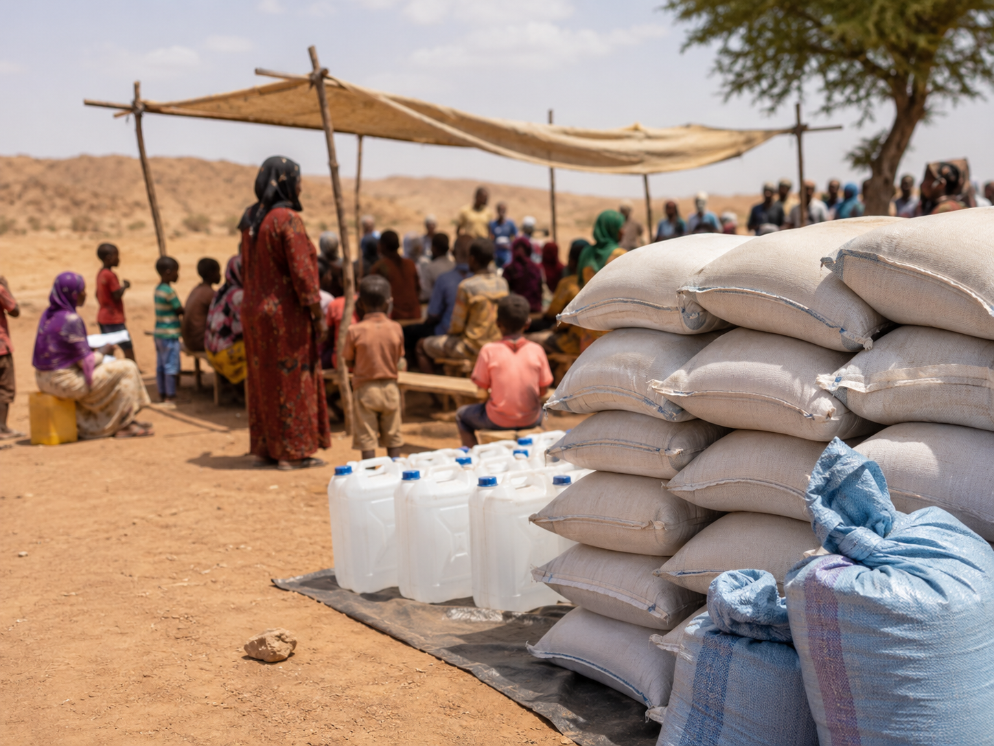 Families wait near aid supplies in a dry rural setting.