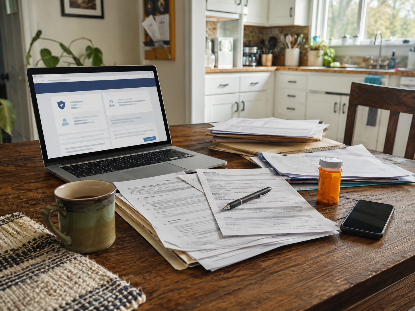 Health coverage paperwork and a laptop on a kitchen table.