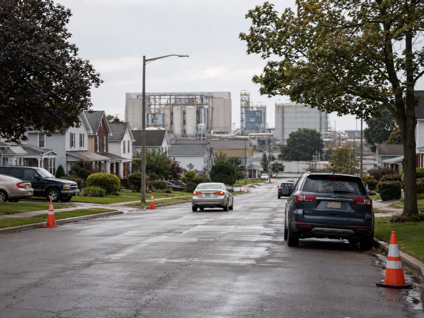 Cars returning to a suburban street near an industrial area after an evacuation.
