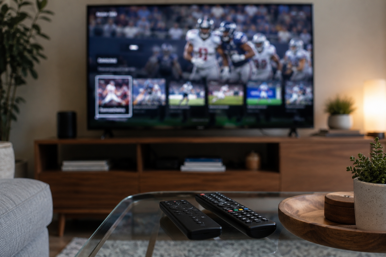 A remote control sits near a television showing a football viewing menu.