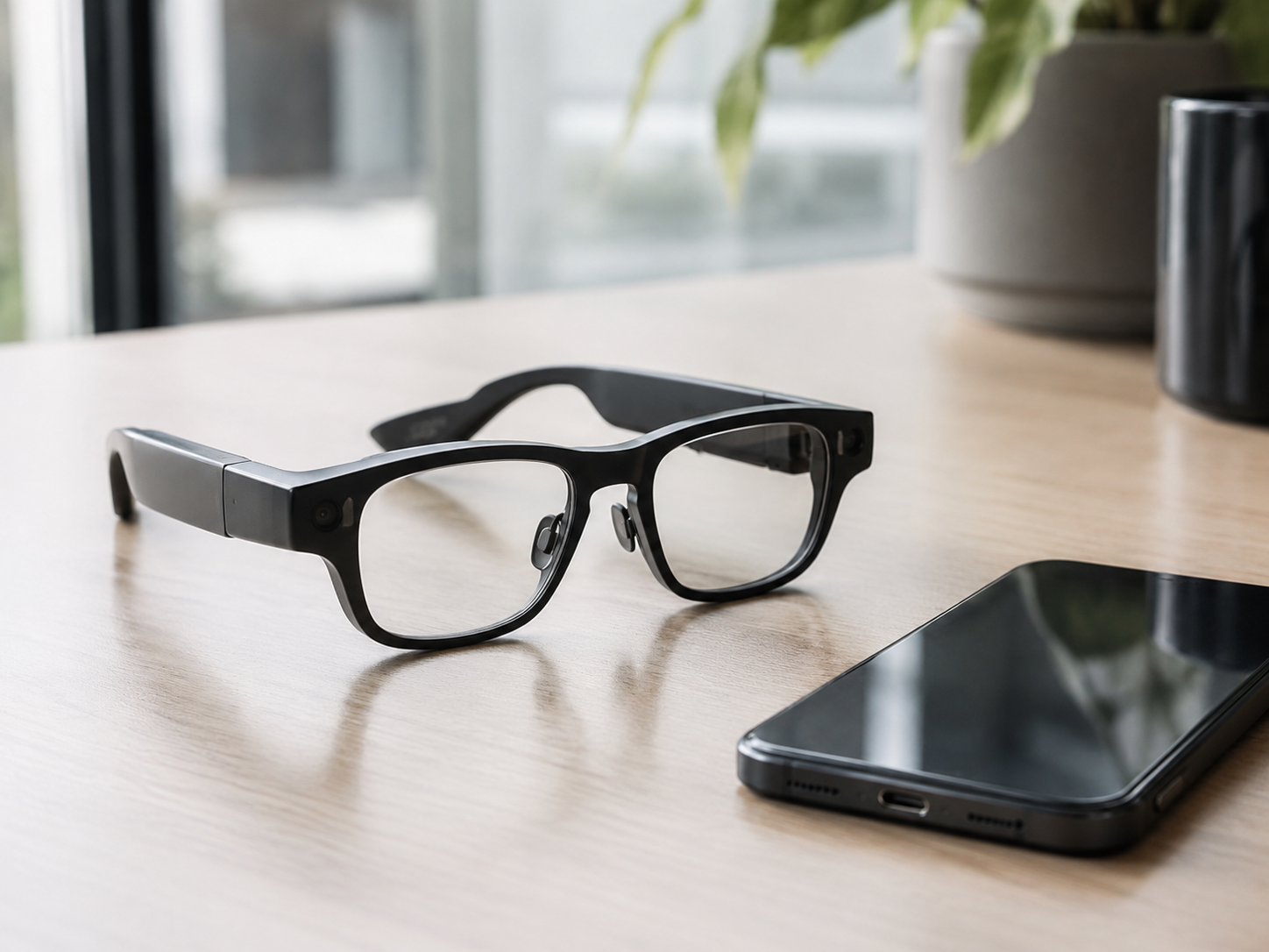 Generic smart glasses beside a smartphone on a desk.