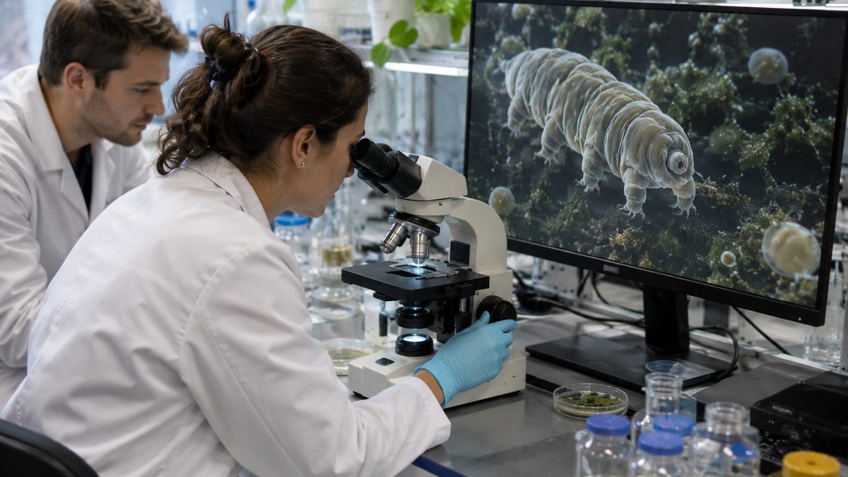 Researchers study tardigrades under a microscope in a biology lab.