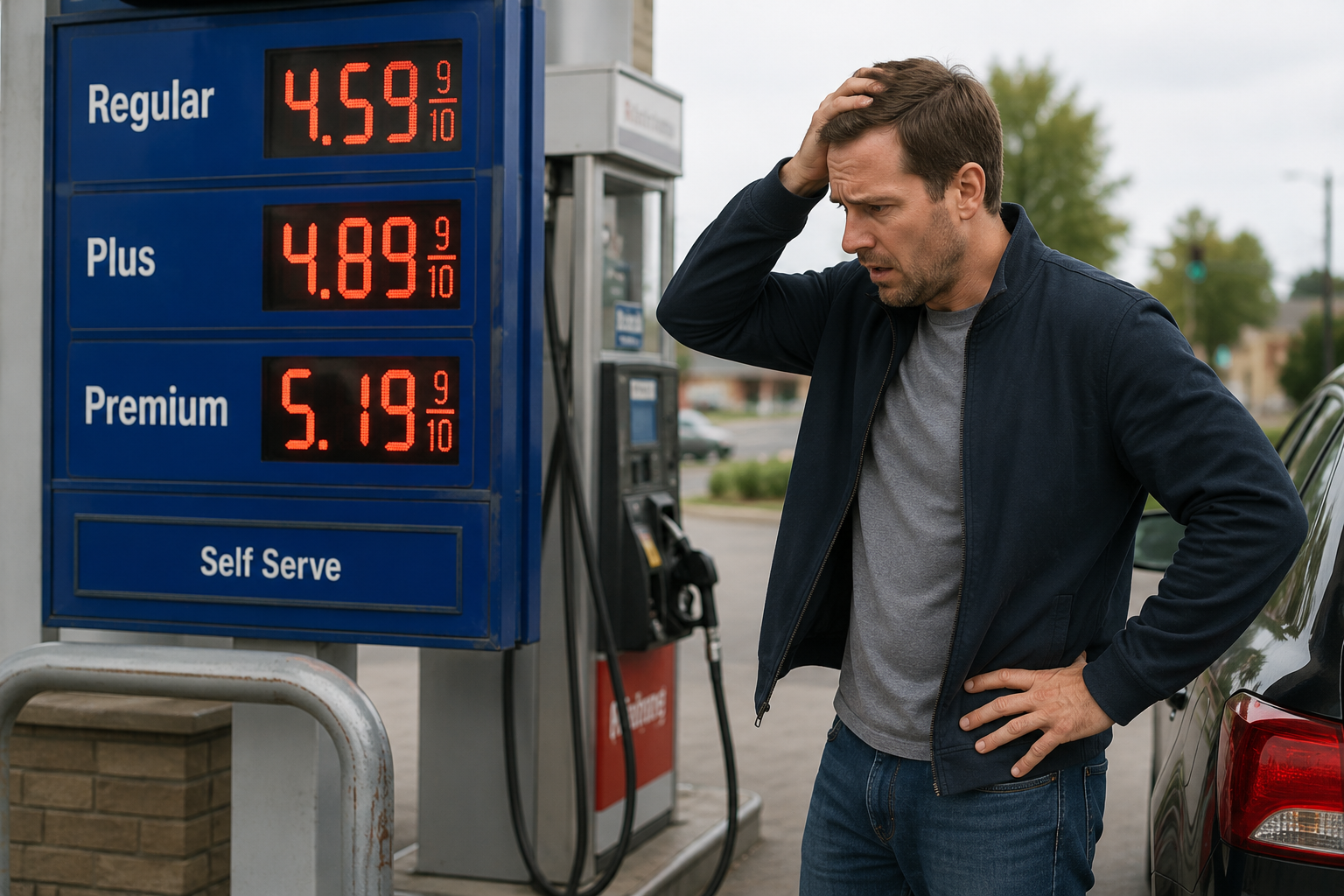 A driver refueling a car at a gas pump