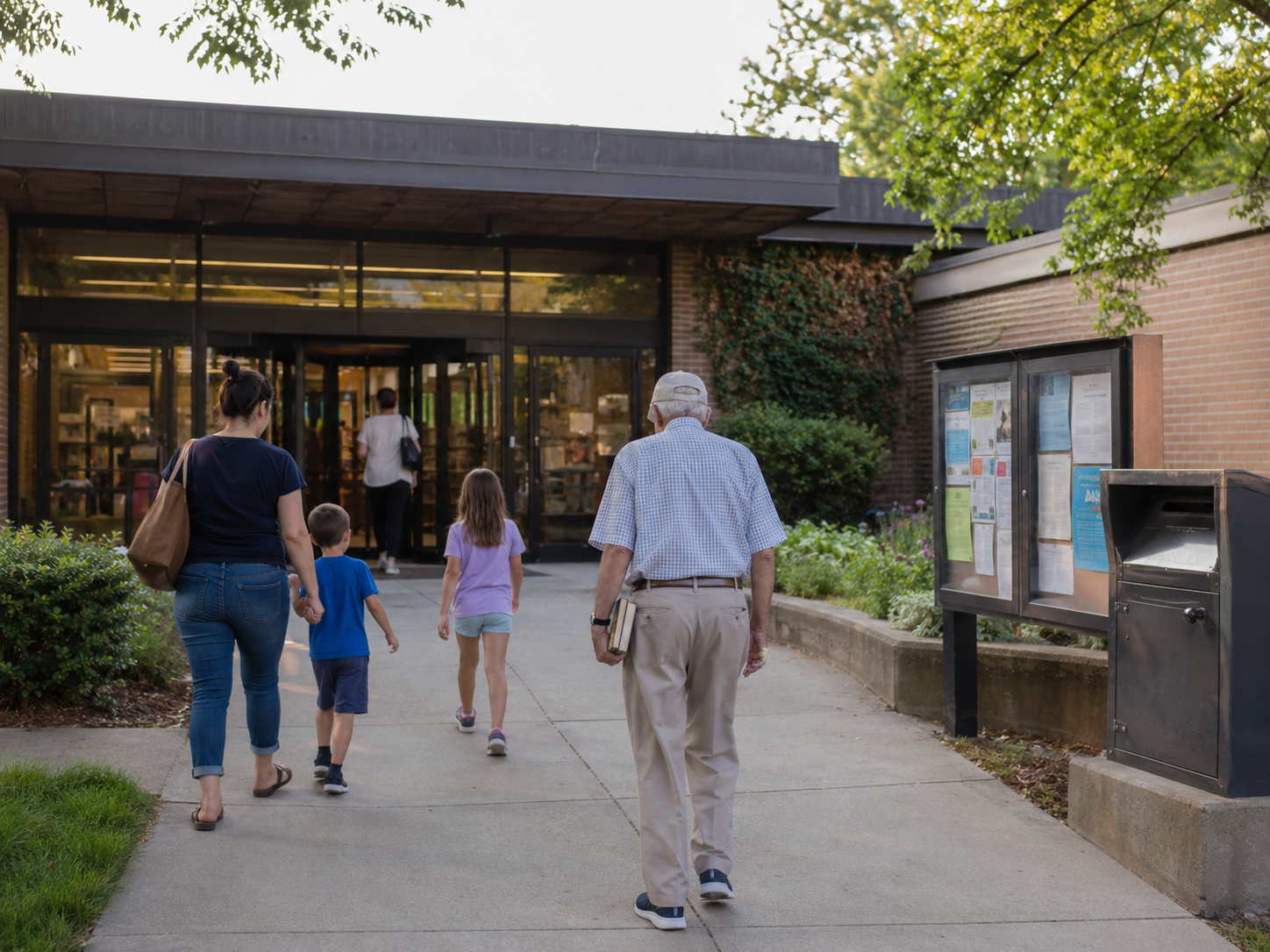People enter a public library on a quiet afternoon.