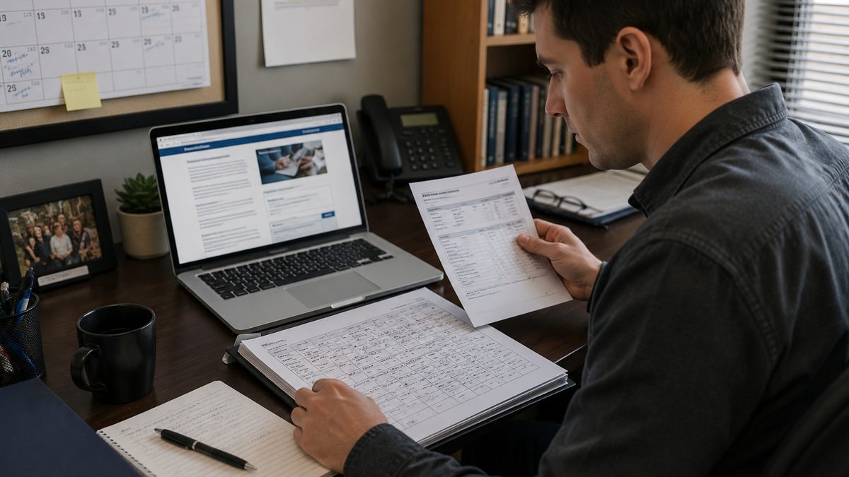A worker reviews a timesheet, paycheck stub and overtime information at a desk.