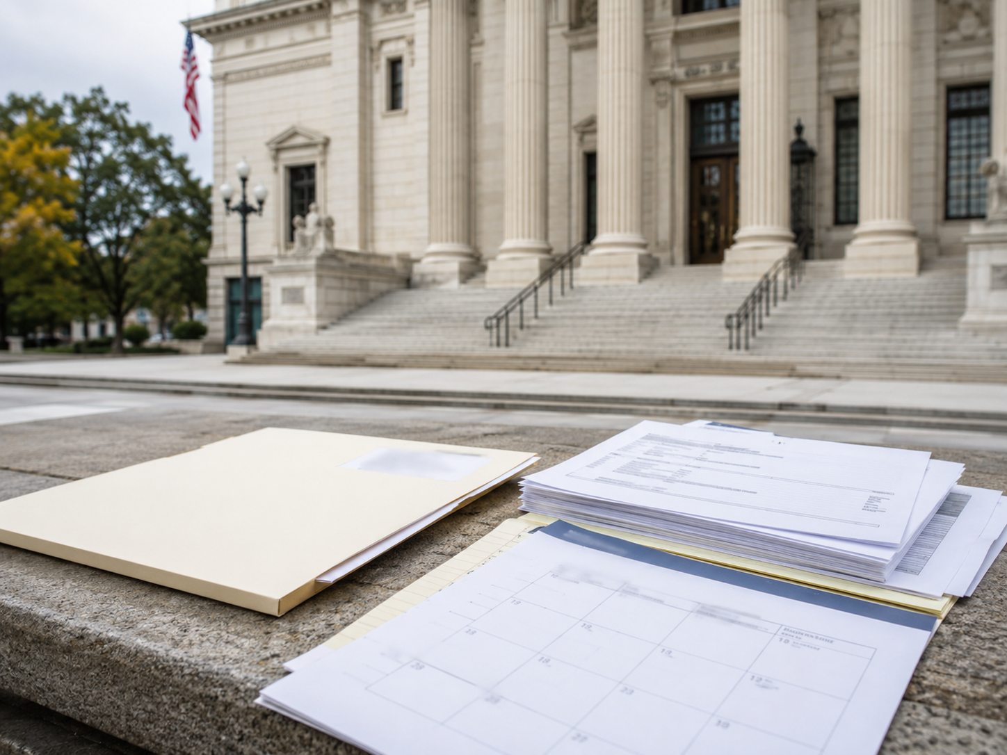 A courthouse exterior with legal folders and a calendar.
