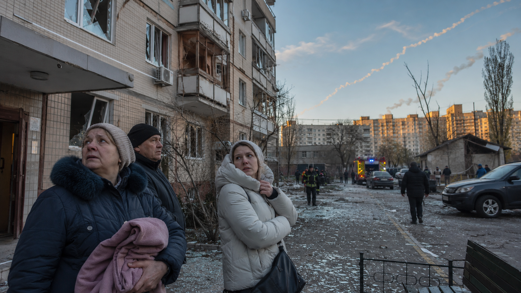 Emergency workers stand near a damaged street in Kyiv after an overnight attack.