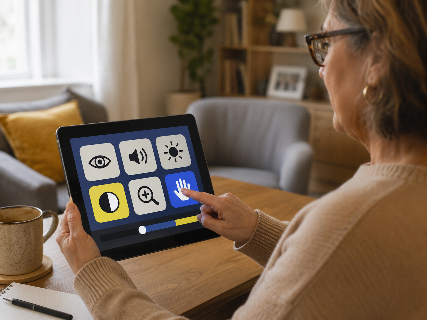 A person uses accessibility features on a tablet in a quiet home setting.