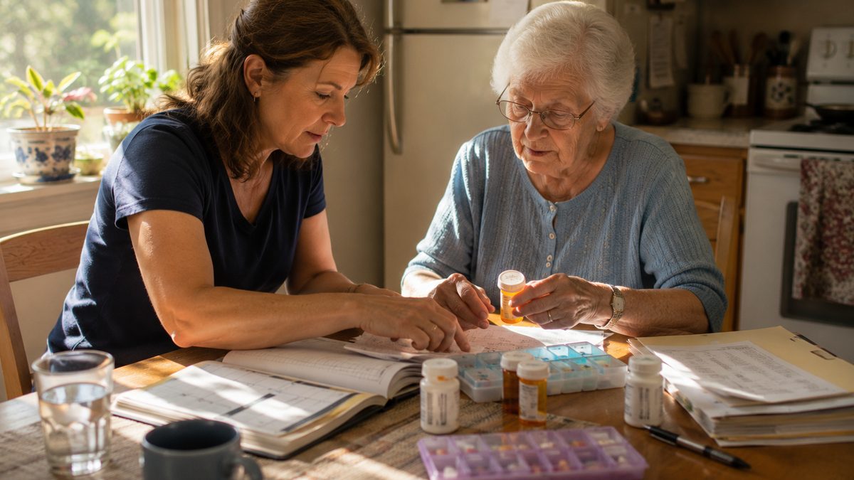 An adult child helps an older parent organize care paperwork at a kitchen table.