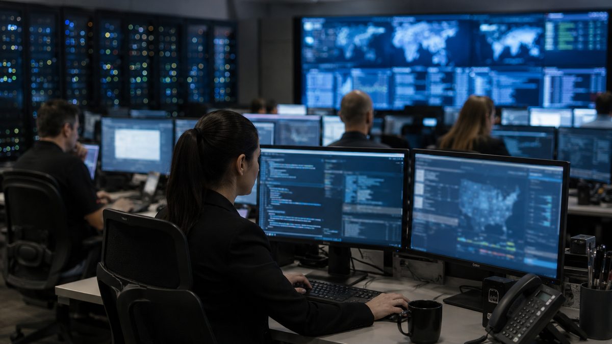 A federal cybersecurity operations center with analysts and server equipment.