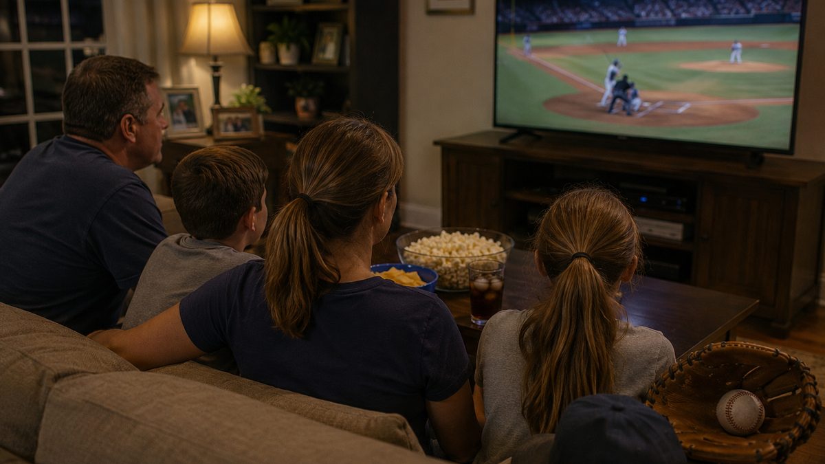 A family watches a college baseball game from a living room with a baseball glove and snacks nearby.