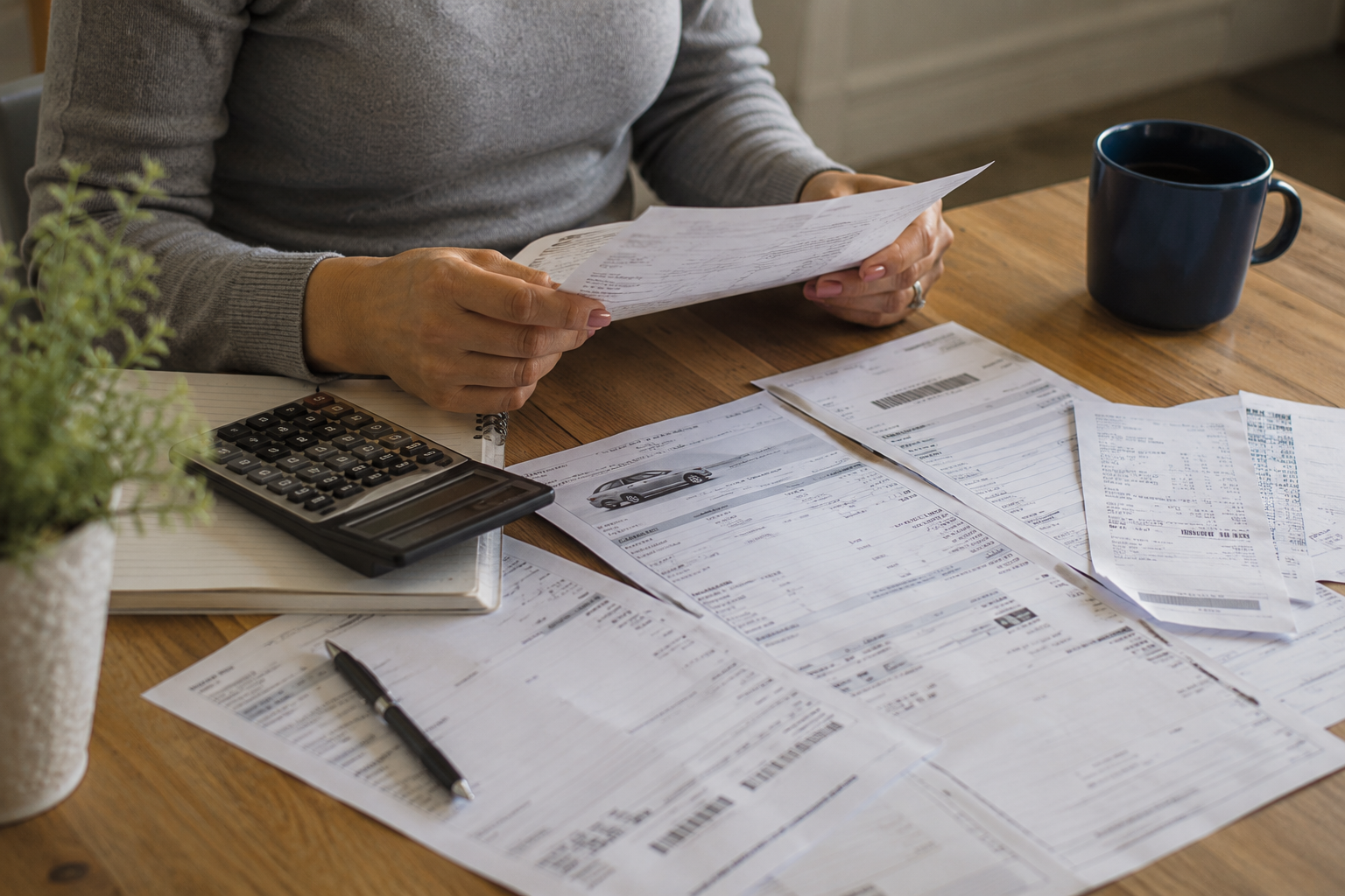 Credit card and loan statements sit beside a calculator on a household desk.