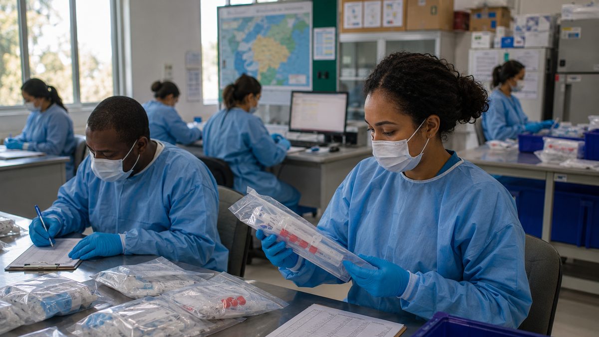 Laboratory staff check sealed sample kits in a clean regional health operations room.