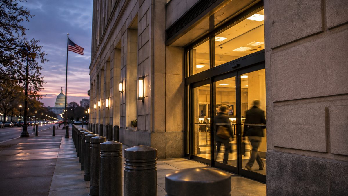 A federal office building entrance with security barriers and people walking inside.