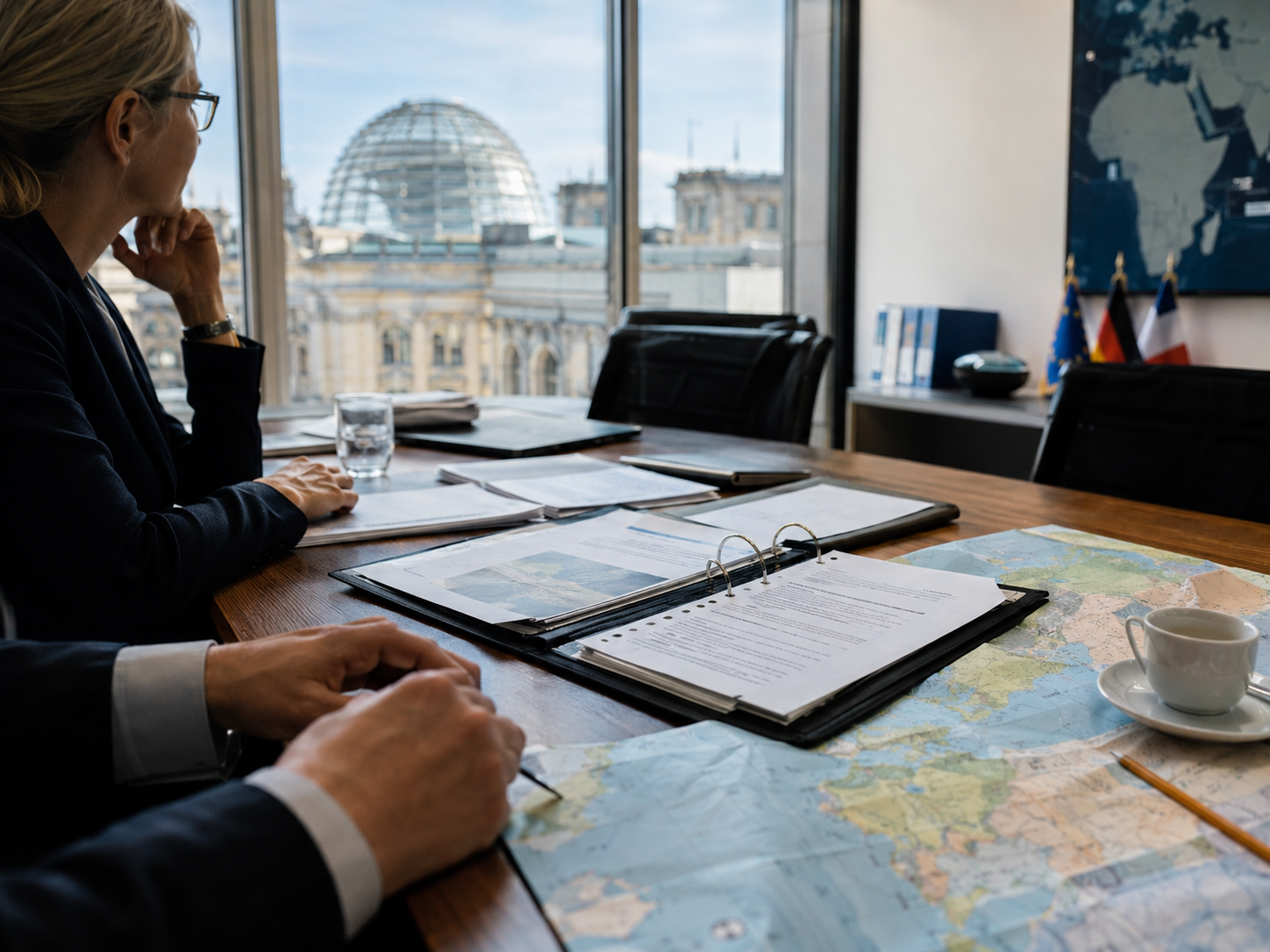 Diplomatic folders and translation headsets sit near a blurred Taiwan Strait map.