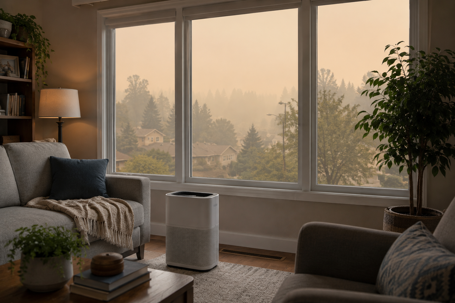 A portable air purifier sits in a living room during smoky outdoor conditions.