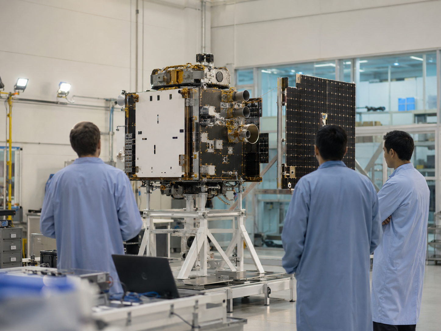 A robotic servicing spacecraft in a clean testing room