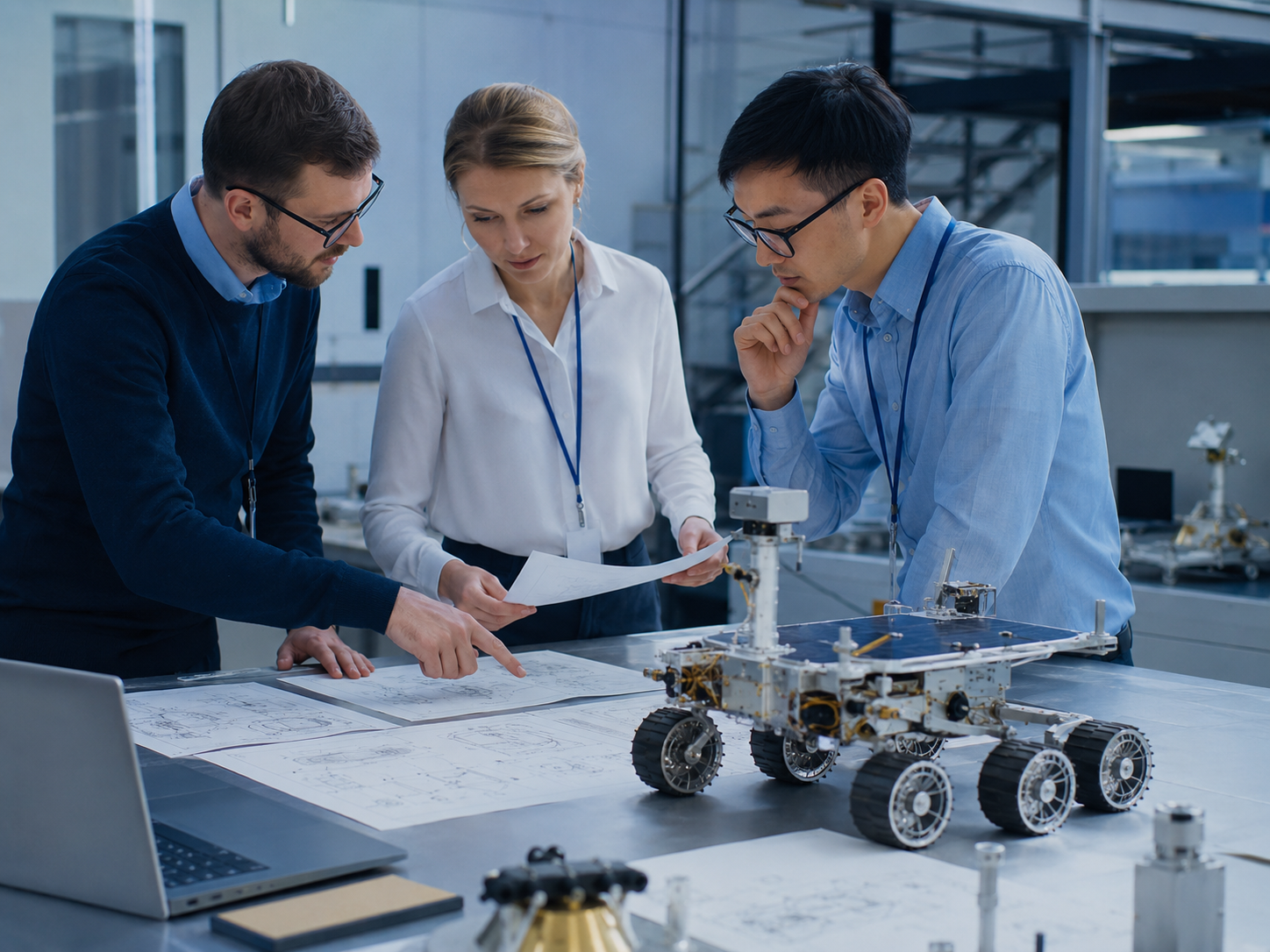 Engineers review space technology diagrams near a rover model.