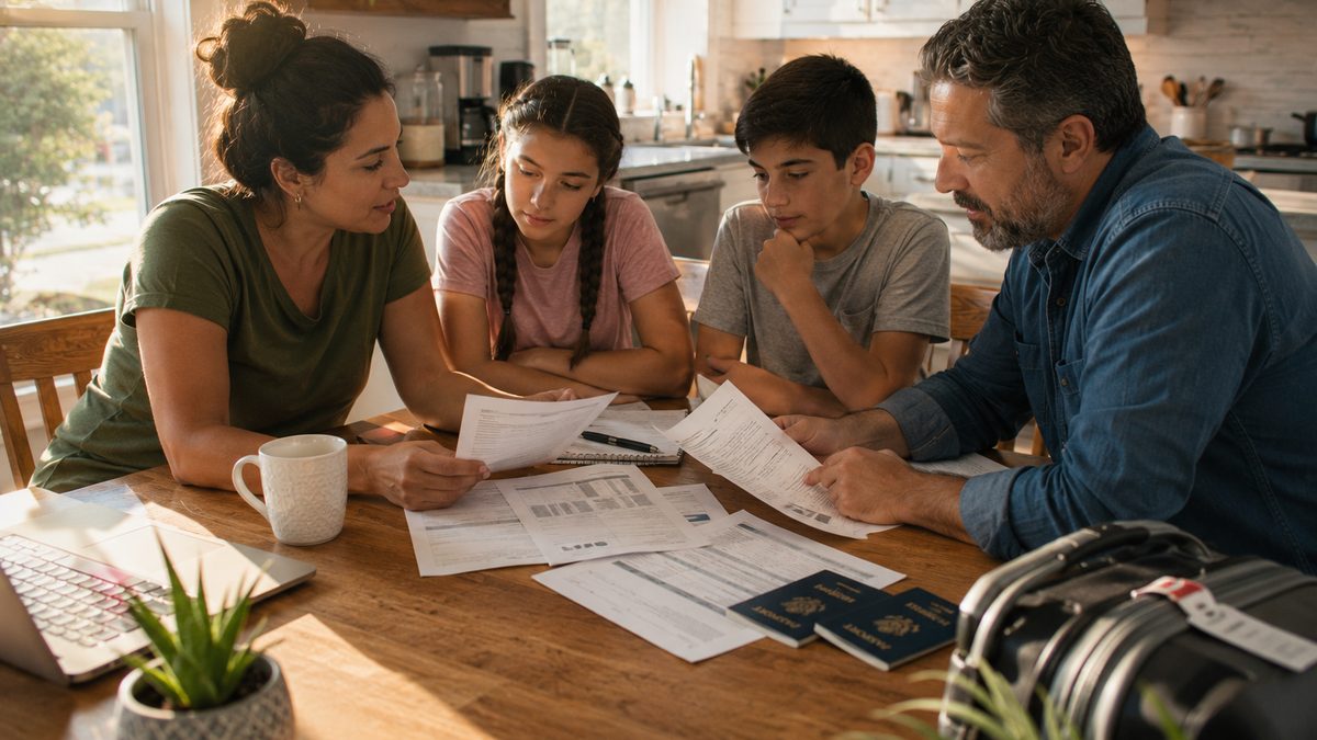Travelers reviewing passports and trip documents at a kitchen table before an international journey.