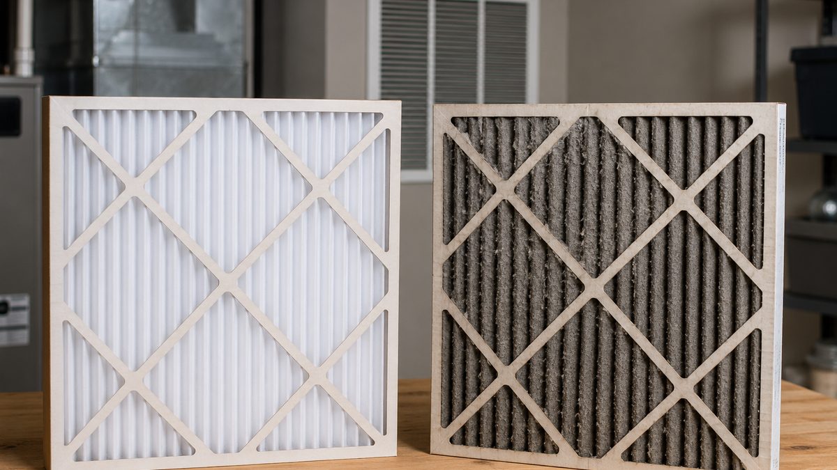 A clean home air filter beside a dusty used filter.