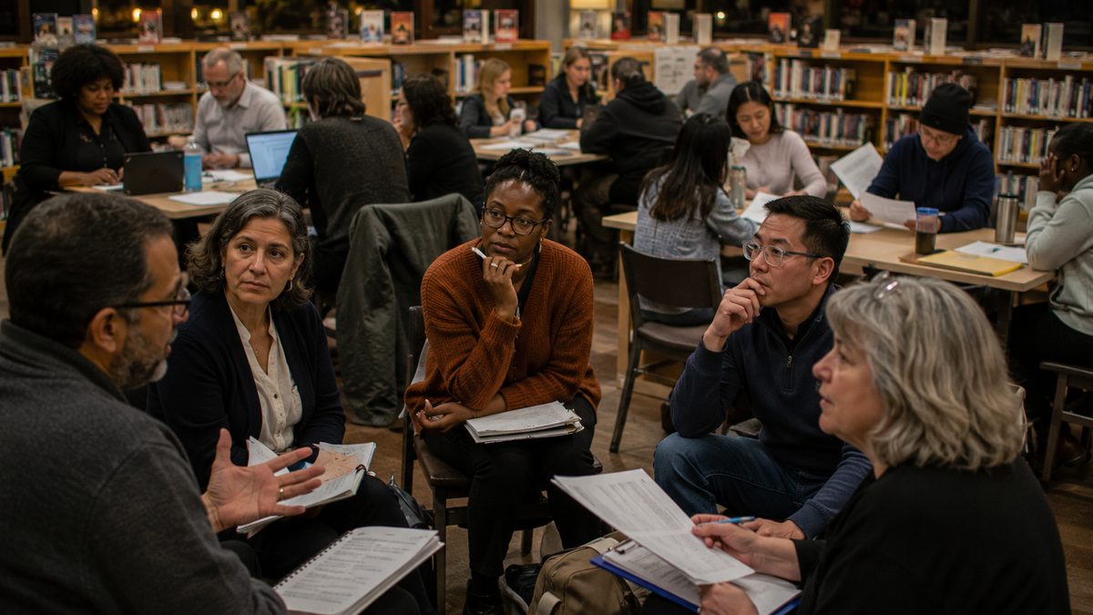 Adults participate in a community workshop inside a public library meeting room.