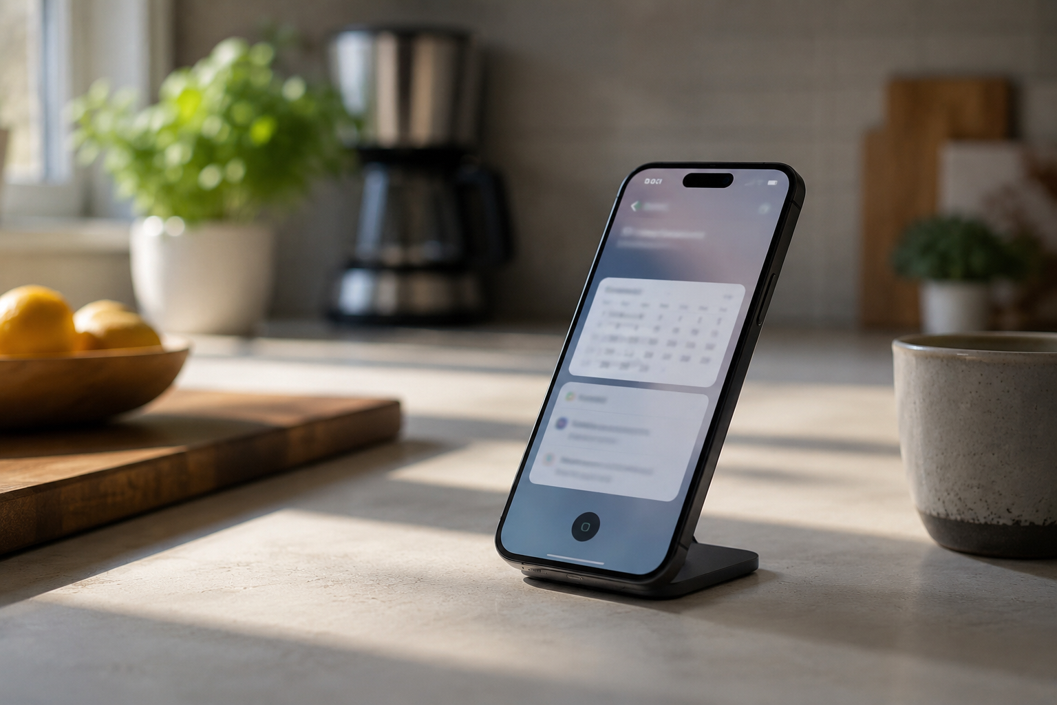 A smartphone showing a blurred assistant-style interface on a kitchen counter.
