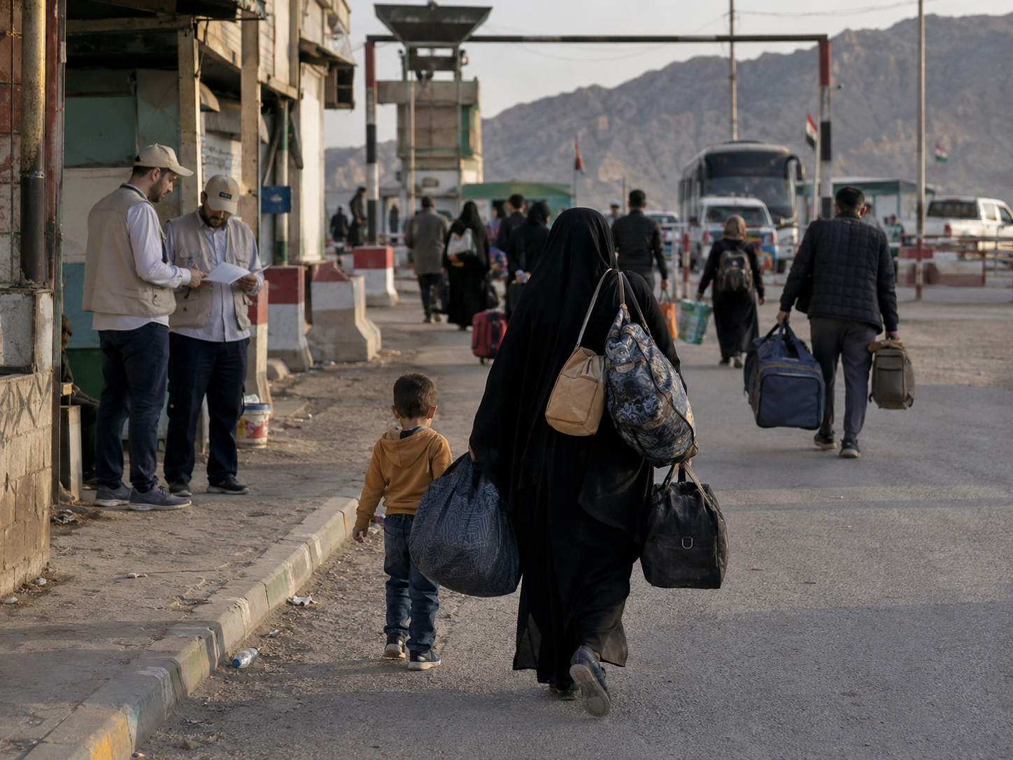 Families and aid workers move through a border crossing checkpoint.