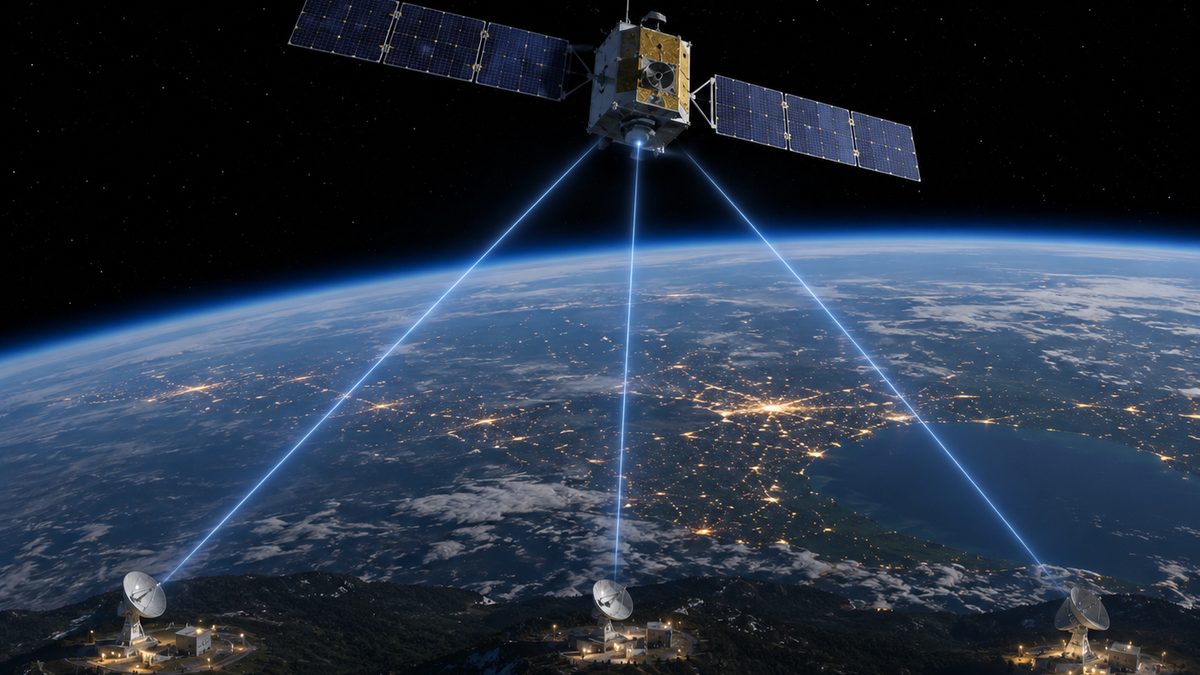A satellite in orbit sends communications signals toward ground stations on Earth.