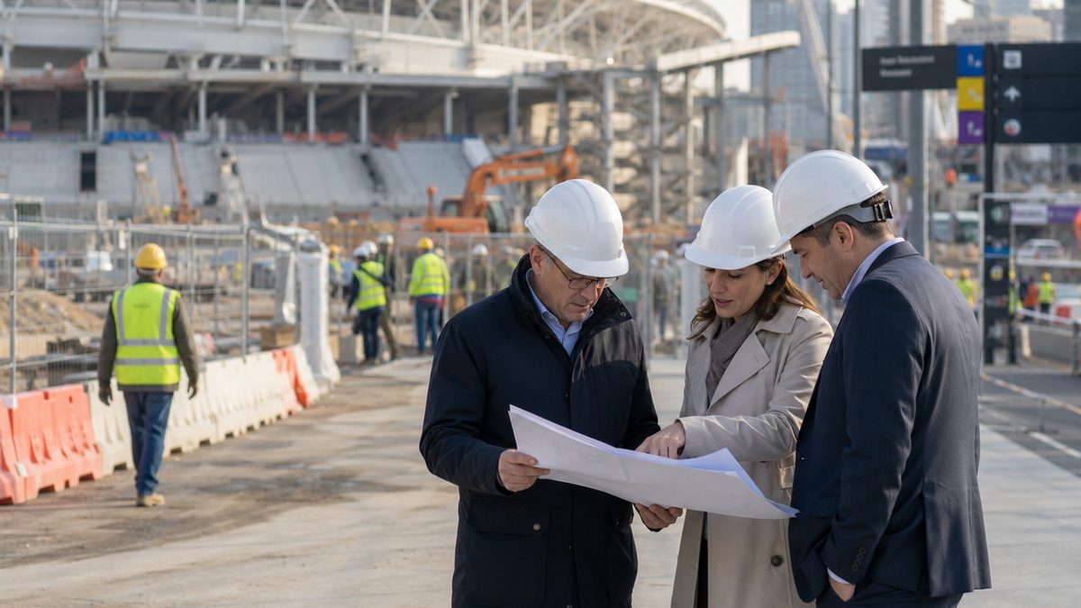 Workers and officials review plans near a stadium construction area.