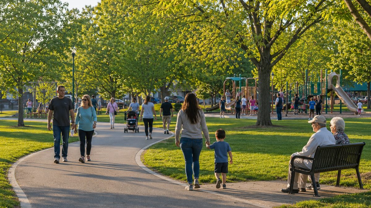 People walk, sit and gather in a public park on a clear afternoon.