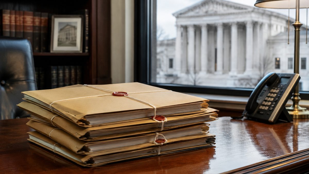 Sealed legal folders on a desk with a federal courthouse visible in the background.