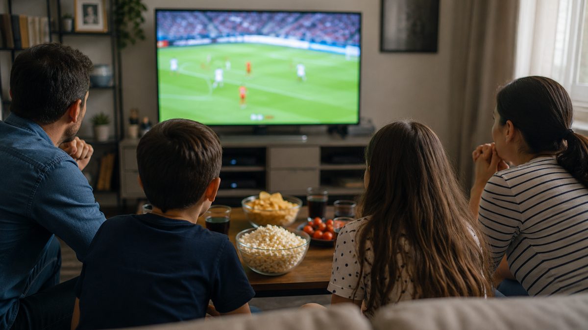 Family living room set up to watch a soccer match on television.