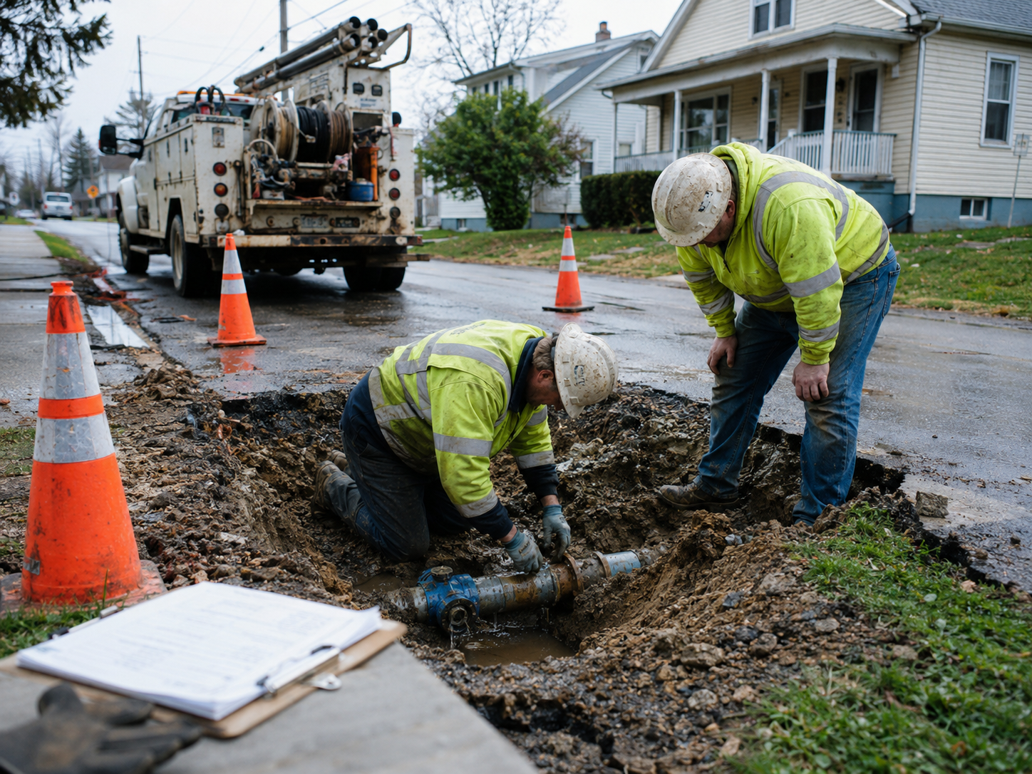 Utility workers inspect water pipes along a residential street.