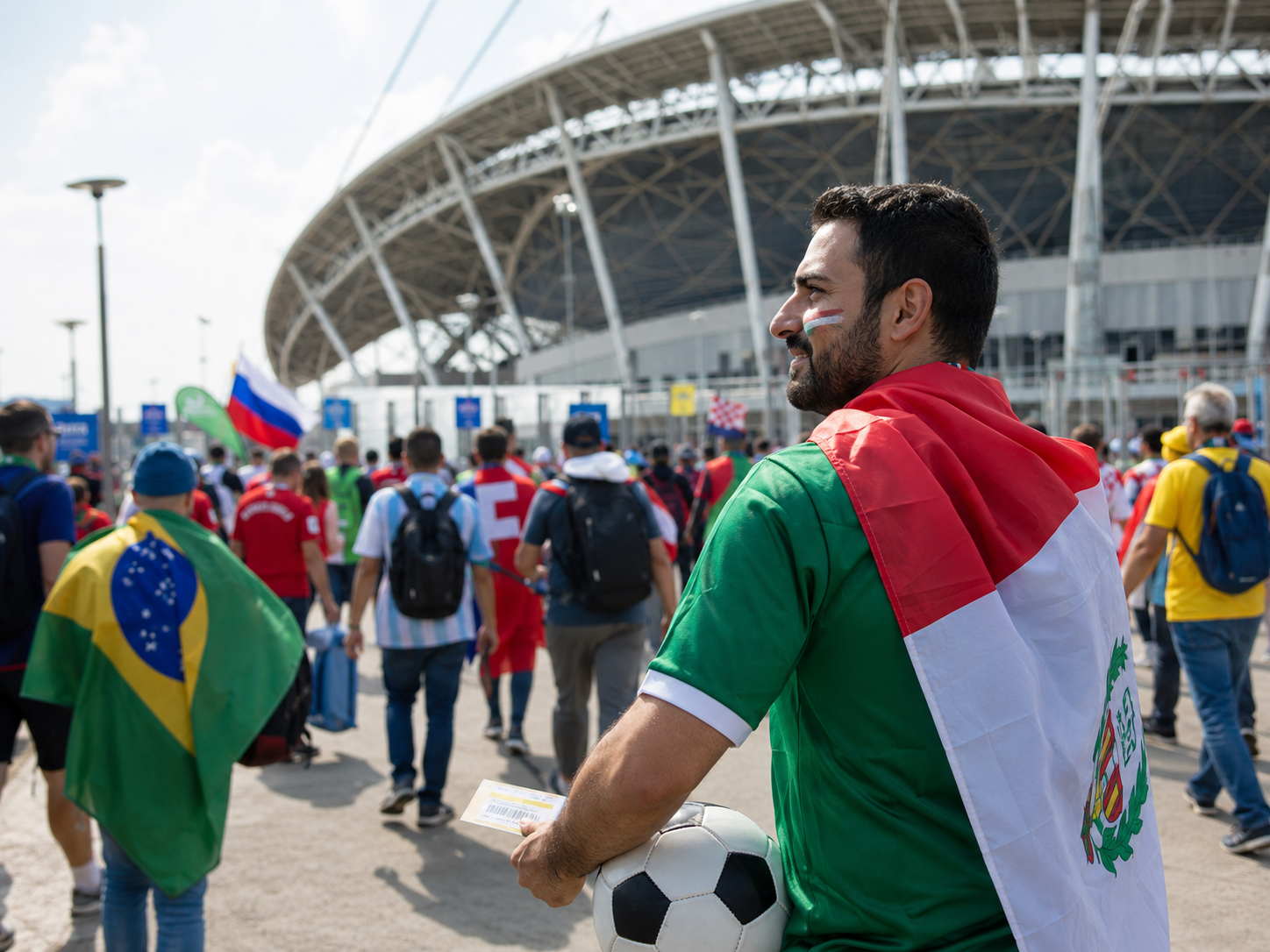 Fans walk toward a large soccer stadium prepared for an international match.