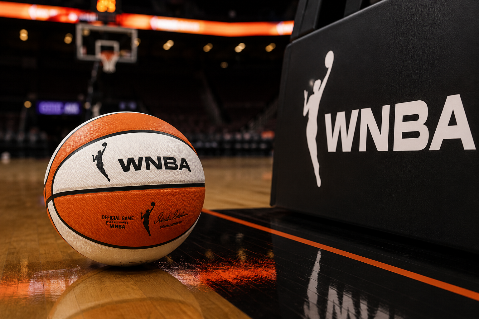 Basketball on an indoor court near the free throw line