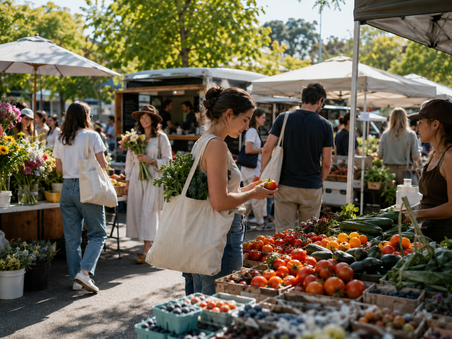 Shoppers browse fresh produce and flowers at a sunny farmers market.