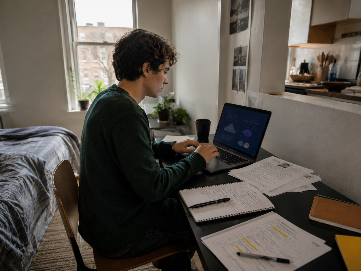 A recent graduate working at a laptop beside notes and a job application checklist.