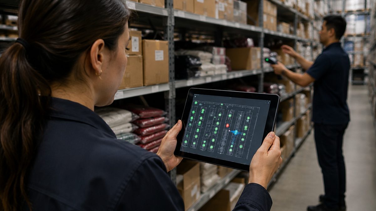 A retail worker uses a tablet to locate tagged products in a stockroom.